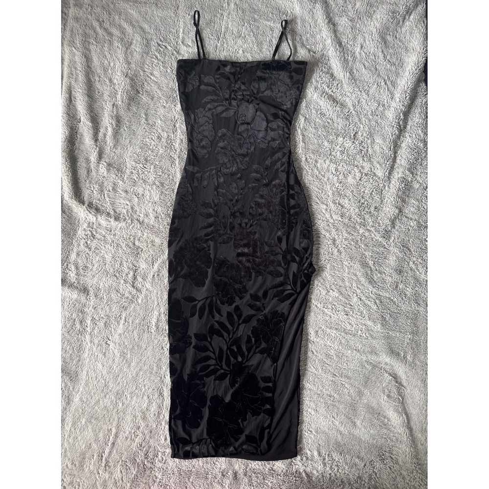 Windsor Black Floral Burnout Velvet Midi Dress S Spaghetti Strap Slit Bodycon